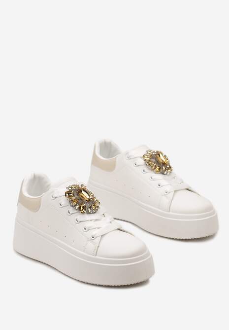 Biało-Beżowe Sneakersy na Grubej Podeszwie z Ozdobną Aplikacją Kamienia  Danthia