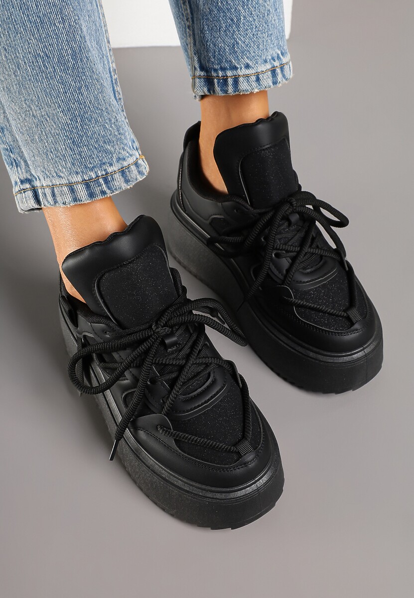 Czarne Sneakersy na Platformie Ozdobione Sznurowaniem Vilvia