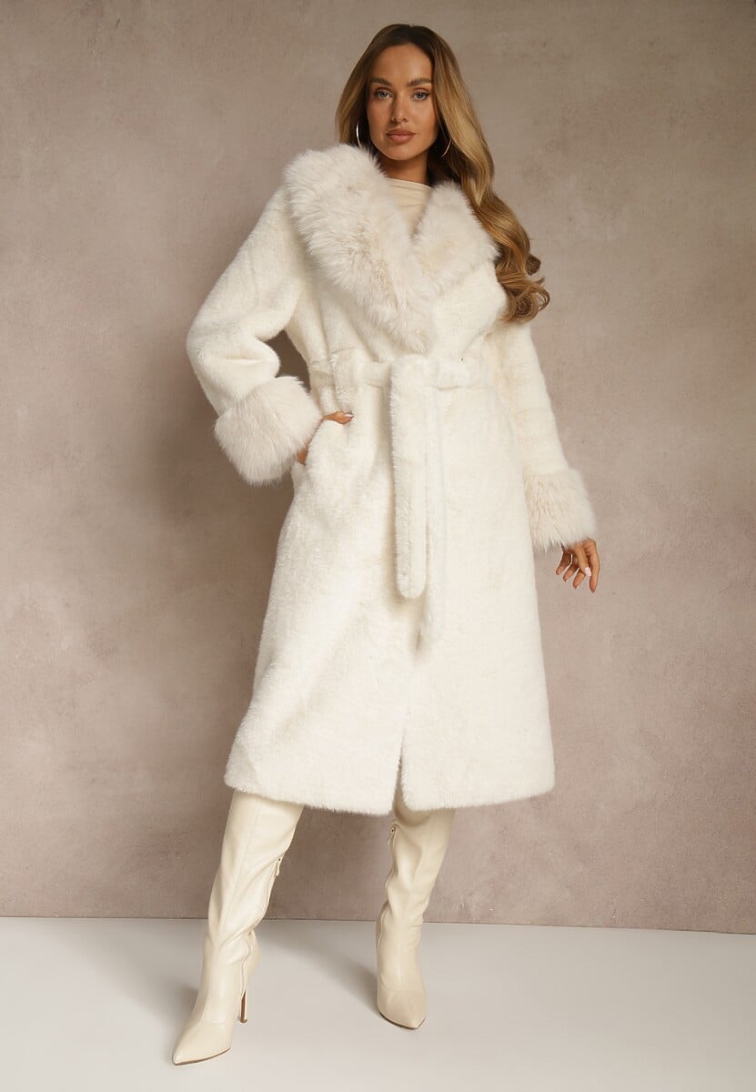 Brązowy Futrzany Płaszcz z Wiązanym Paskiem Ozdobnym Kołnierzem i Mankietami Viaressa