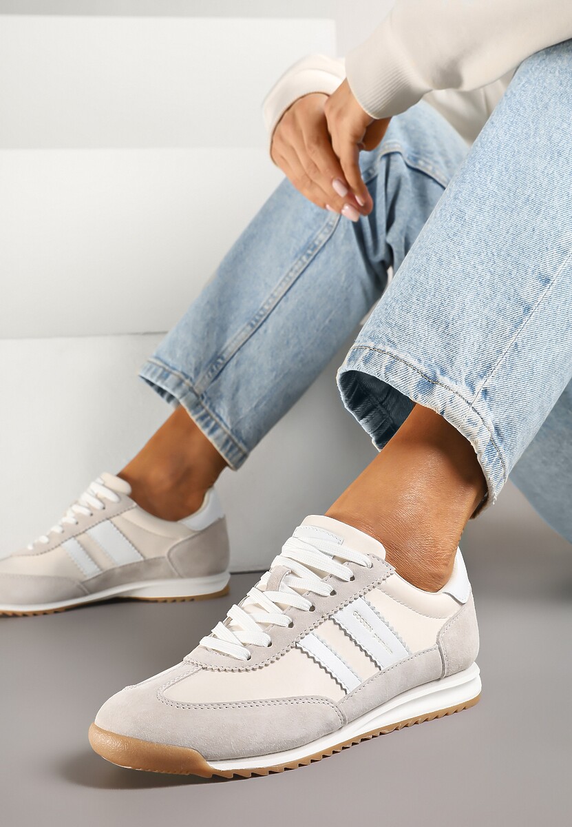 Szaro-Białe Sneakersy ze Skórzaną Wkładką i Ozdobnymi Paskami Nasnella