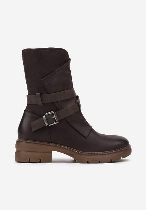 Brązowe Botki z Nieregularną Cholewką Zdobioną Paskami i Sprzączkami Zinbelle