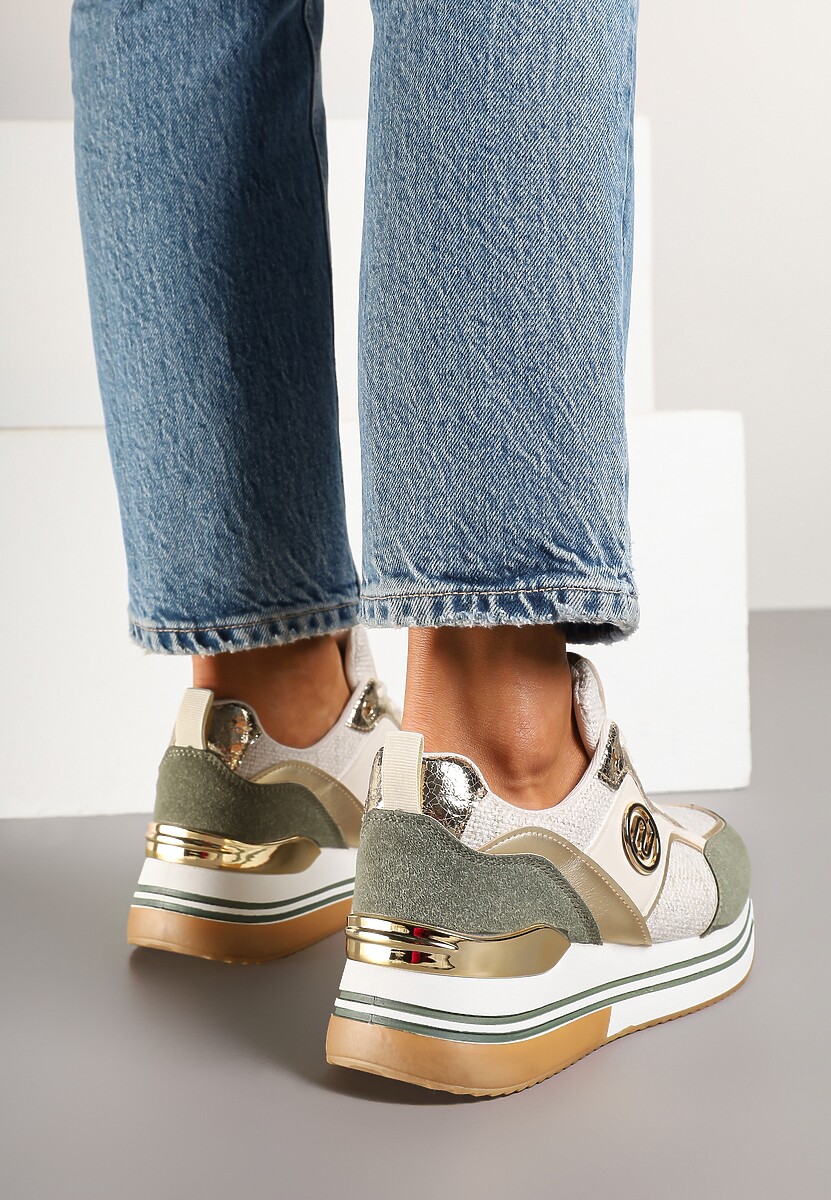 Beżowo-Zielone Sneakersy z Metalicznymi Zdobieniami na Platformie Gonnella