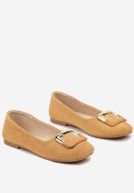 Brązowe Casualowe Balerinki na Płaskiej Podeszwie z Metaliczną Aplikacją Chrissti