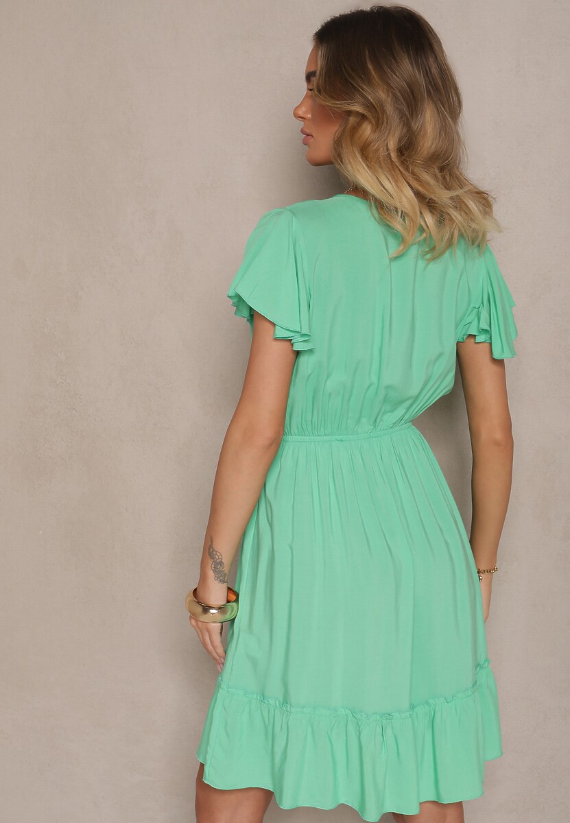 Zielona Sukienka Rozkloszowana z Bawełny Ozdobiona Falbanami i Guzikami Zoliova