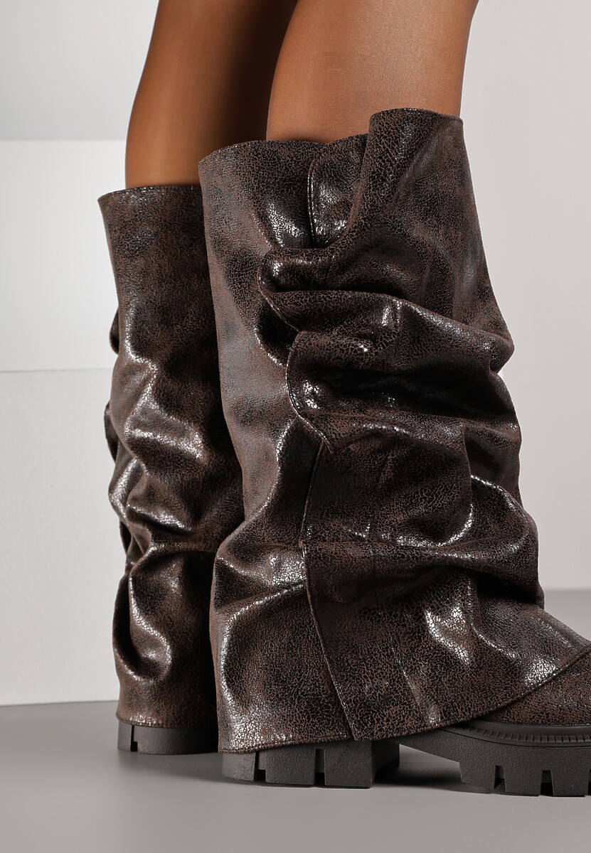 Brązowe Botki na Platformie Ozdobione Wywiniętą Cholewką Nenalea