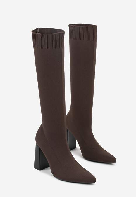 Brązowe Kozaki VICES na Słupku ze Skarpetkową Cholewką Zevona