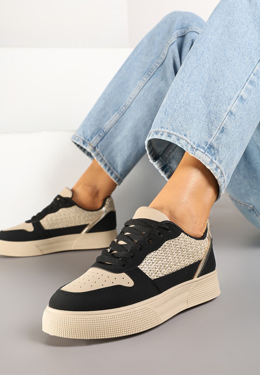 Beżowo-Czarne Sneakersy na Platformie Ozdobione Plecionką Perforacją i Brokatem Tulreia