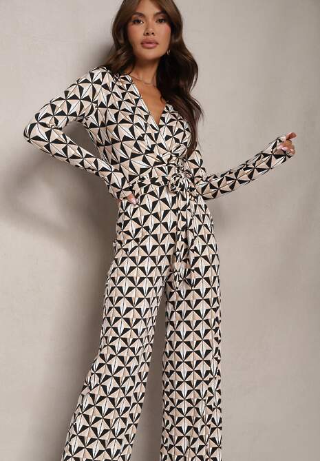 Beżowo-Czarny Kombinezon o Taliowanym Fasonie z Materiałowym Paskiem i Geometrycznym Printem Fenoria