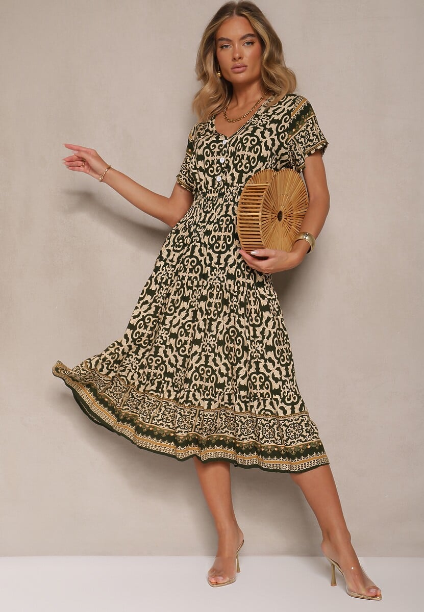 Zielono-Beżowa Sukienka z Bawełny Ozdobiona Ornamentnym Motywem Fillena