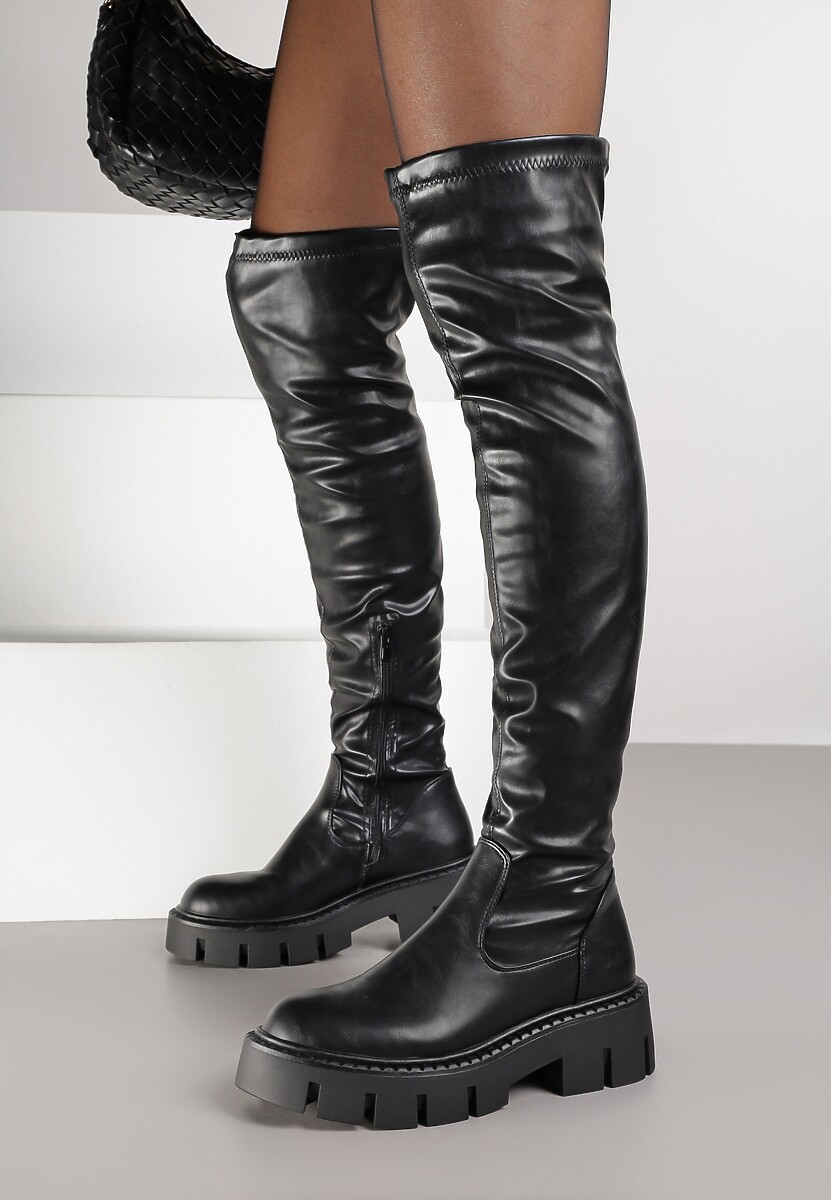 Czarne Kozaki Vices w Stylu Muszkieterek na Tłoczonej Platformie Lorisse