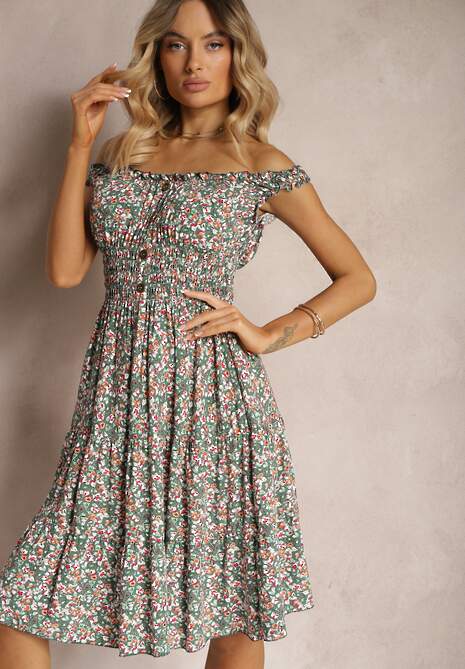 Zielono-Różowa Taliowana Sukienka Bawełniana o Rozkloszowanym Kroju z Gumką w Pasie Nelyssa