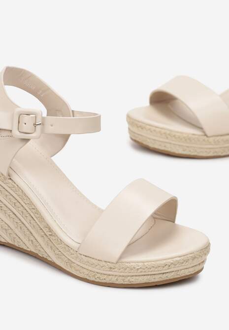 Beżowe Sandały na Plecionym Koturnie z Paskami Sabrika