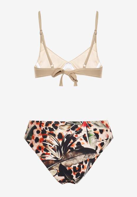 Ciemnobeżowy Strój Kąpielowy Bikini z Usztywnionym Biustonoszem i Wzorzystymi Figami Pialette