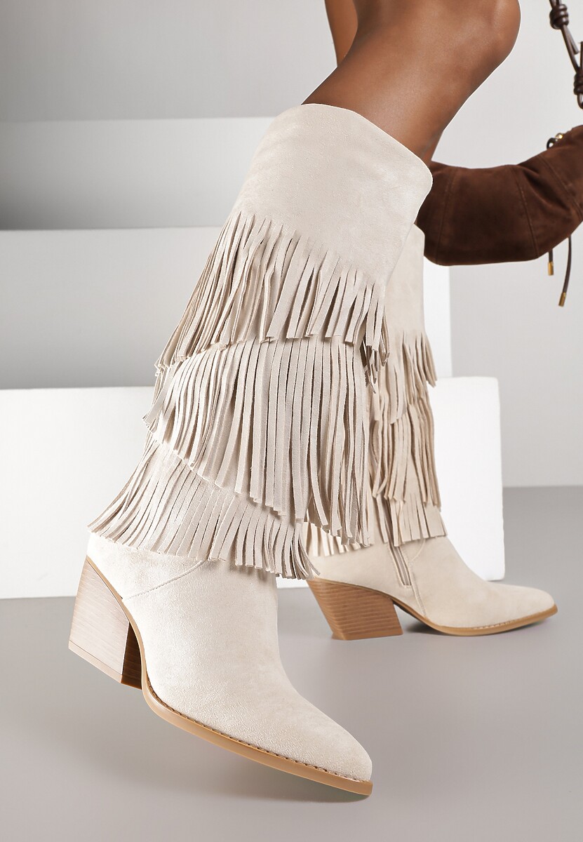 Ciemnobeżowe Kozaki Kowbojki na Stożku Ozdobione Frędzlami Giolanda