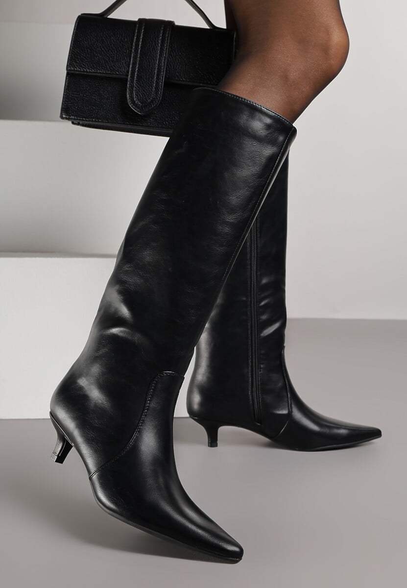 Czarne Kozaki do Kolana w Eleganckim Stylu na Niskiej Kaczuszce Neredia