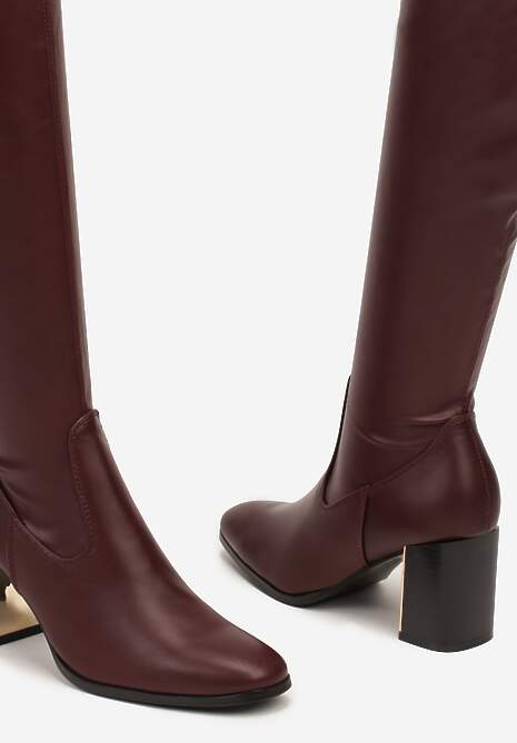 Bordowe Kozaki za Kolano na Słupku z Metaliczną Wstawką Vioeln