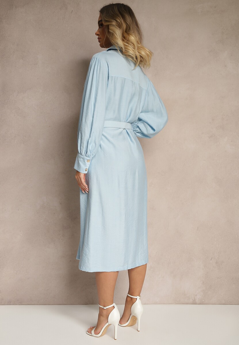 Niebieska Koszulowa Sukienka z Wiskozy z Paskiem z Klamrą i Kieszeniami Lisandrila