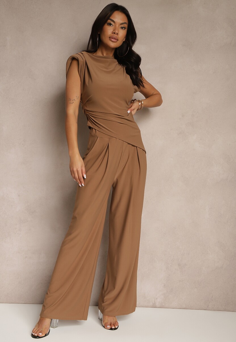 Czarny Komplet Bluzka z Poduszkami w Ramionach i Proste Spodnie z Gumką w Pasie Divanes