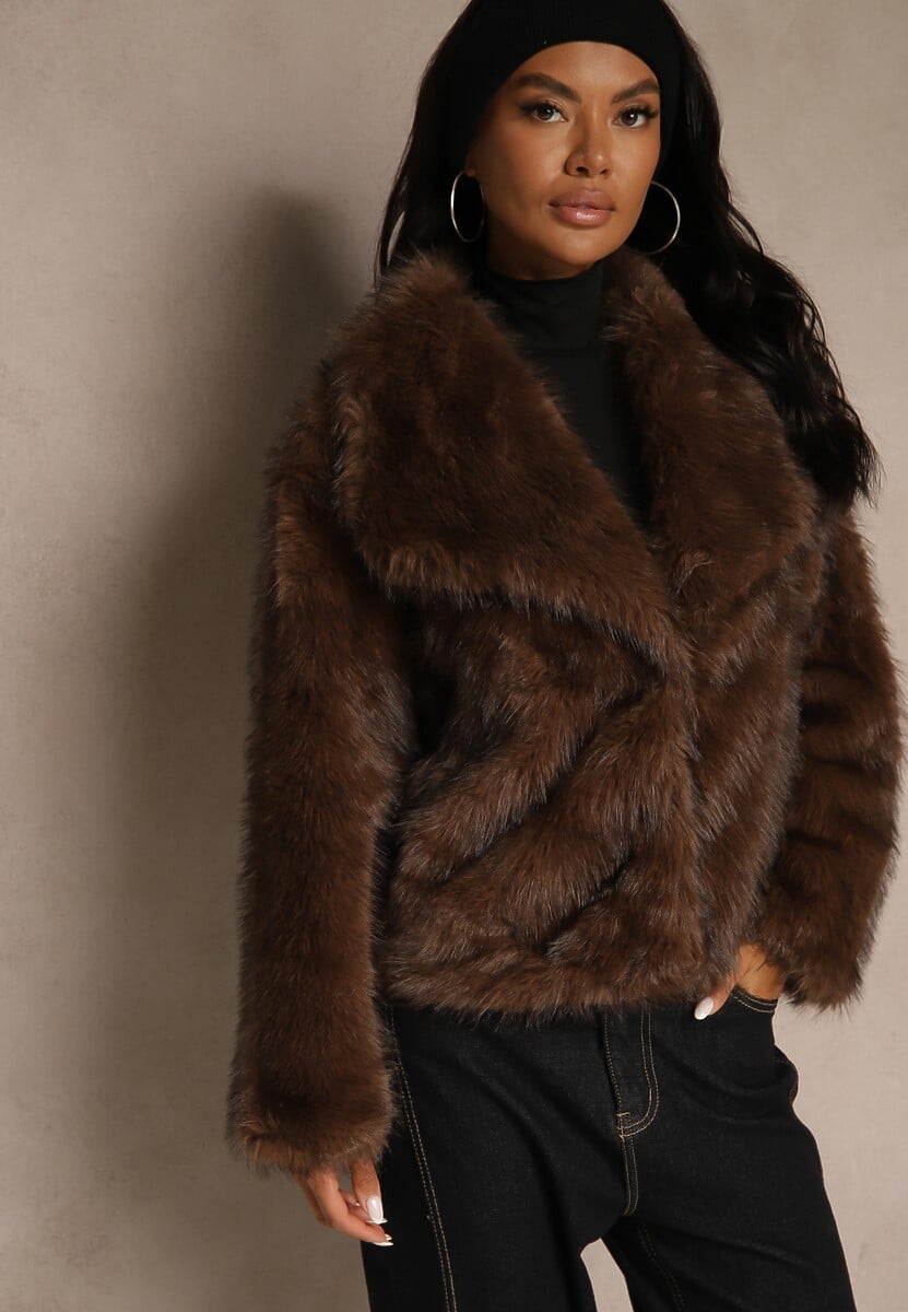 Brązowa Kurtka Futrzana Ozdobiona Kołnierzem Avelire