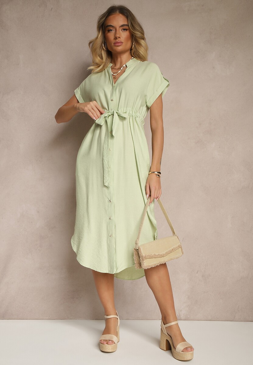 Zielona Koszulowa Rozkloszowana Sukienka z Wiskozy z Paskiem Katilene