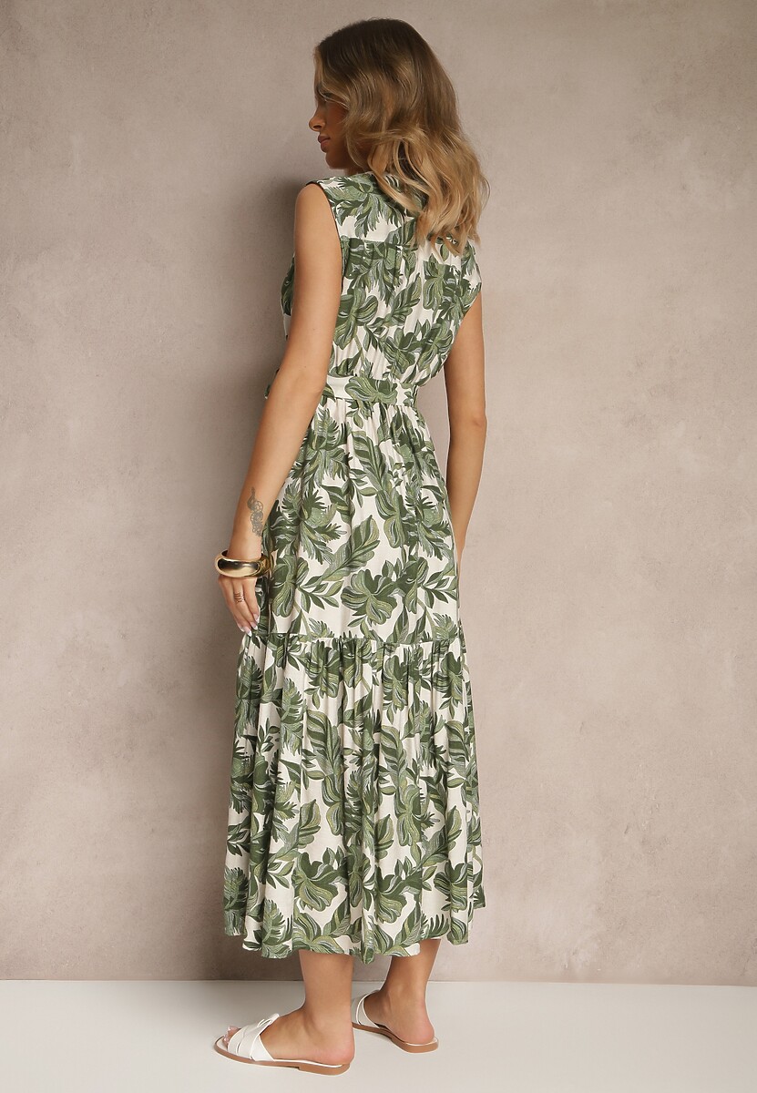 Zielona Wiskozowa Sukienka o Rozkloszowanym Kroju Bez Rękawów z Wiązaniem Revalisse