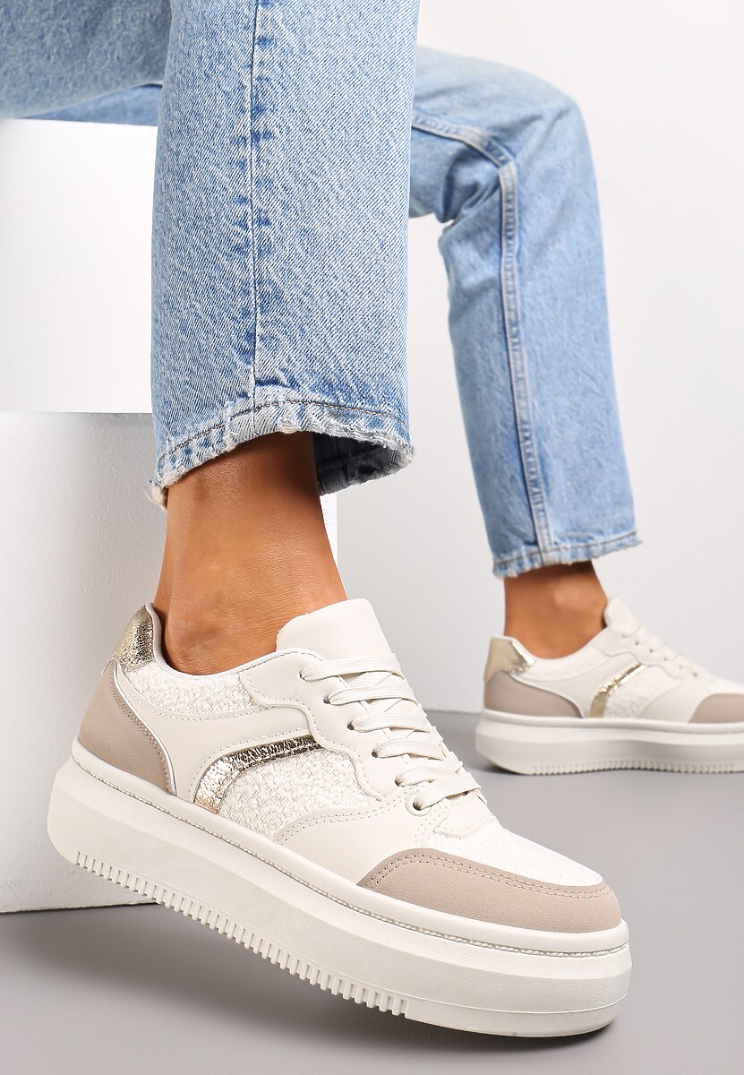 Beżowe Płaskie Sneakersy na Grubej Podeszwie z Metalicznymi Wstawkami Odelita