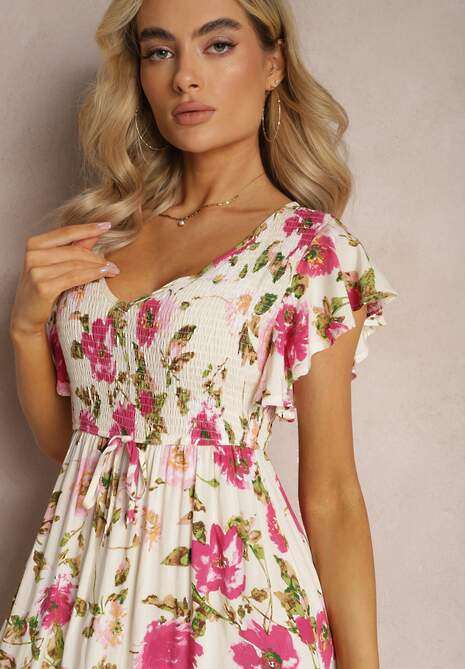 Jasnobeżowa Wiskozowa Sukienka w Kwiatowy Print Rozkloszowana Maxi Veradisia