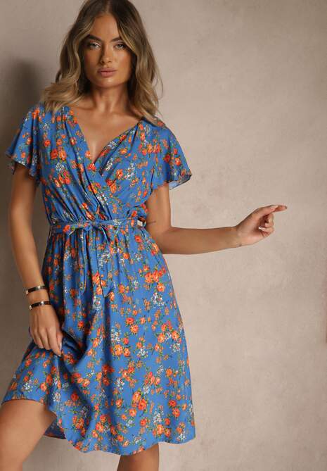 Niebieska Wiskozowa Sukienka Midi w Kwiaty z Gumką w Pasie i Materiałowym Paskiem Aidenia