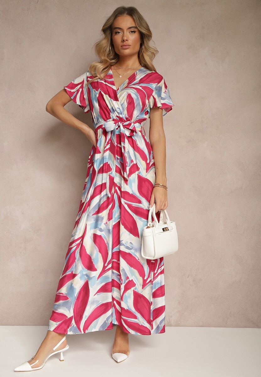 Różowa Kopertowa Sukienka z Wiskozy z Wiązanym Paskiem w Roślinny Print Arivane