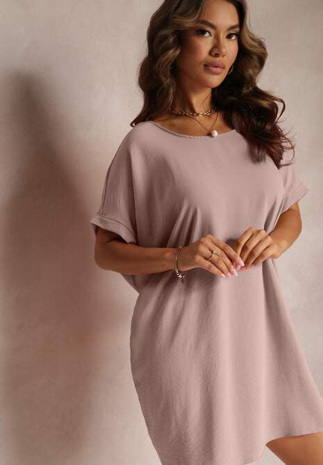 Różowa Sukienka Mini o Fasonie Nietoperza z Okrągłym Dekoltem Maglia