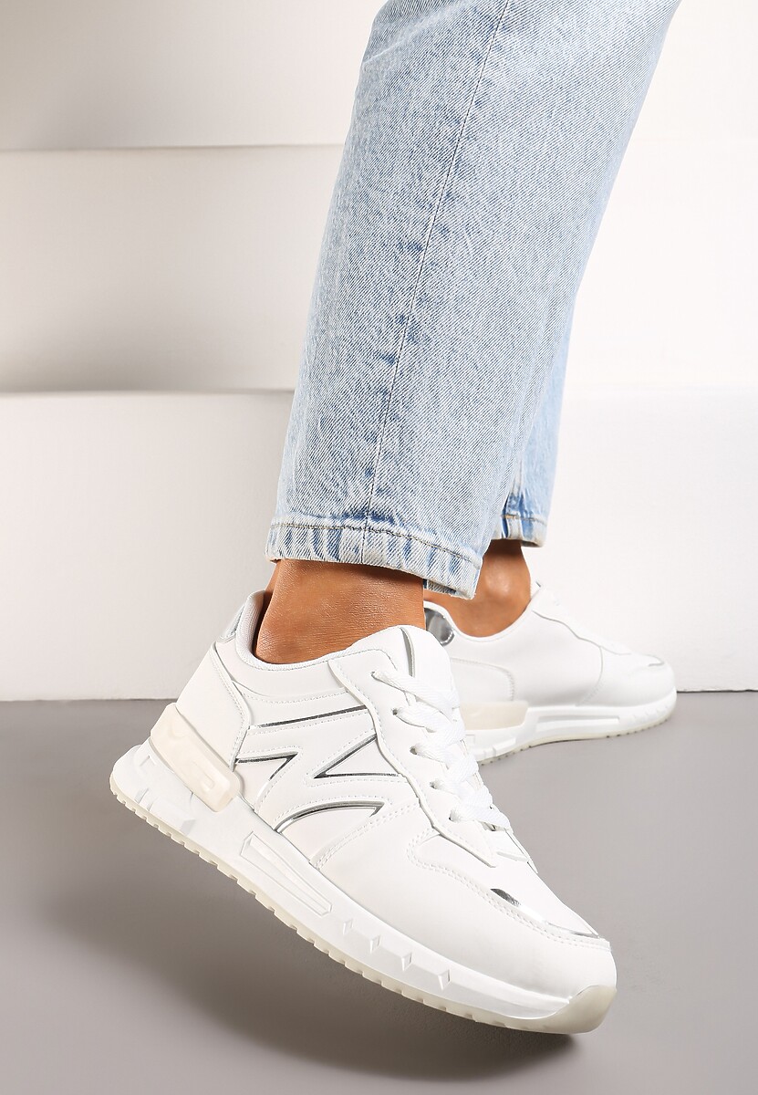 Białe Płaskie Sneakersy ze Sznurowaniem z Metalicznymi Wstawkami Remarie