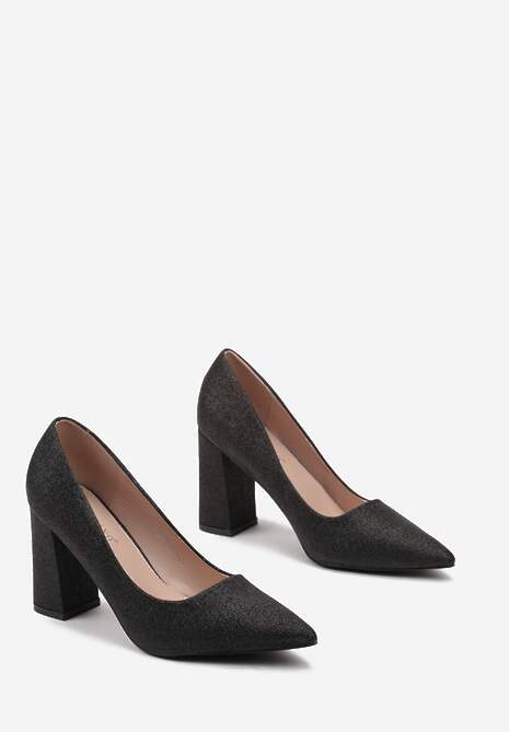 Czarne Połyskujące Czółenka na Słupku z Noskiem w Szpic Pigna