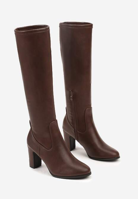 Brązowe Kozaki na Słupku z Przylegającą Cholewką Alovire