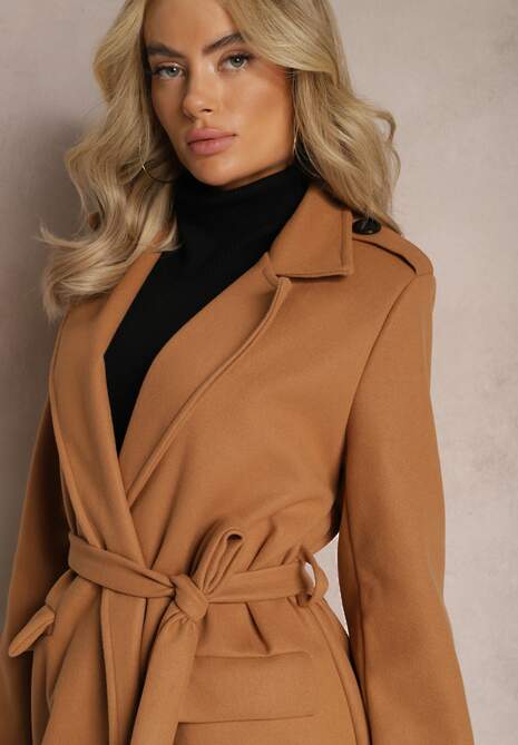 Ciemnobeżowy Taliowany Płaszcz z Wiązanym Paskiem Seraphique