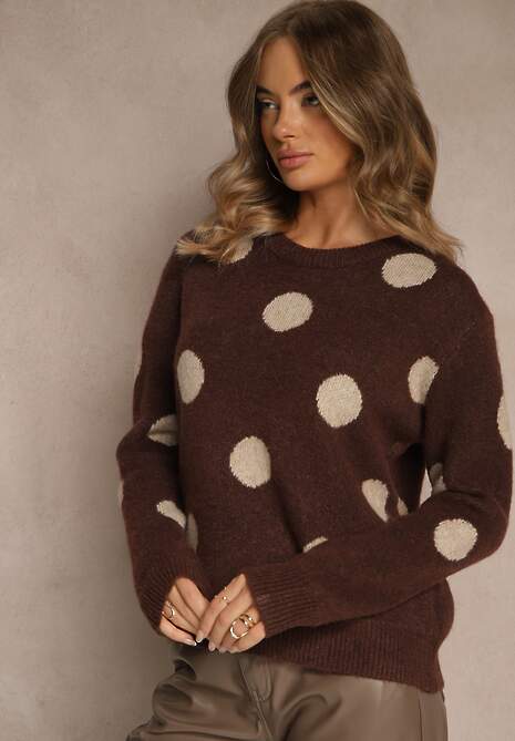 Brązowy Sweter z Wełną o Prostym Kroju w Grochy Fenilevia