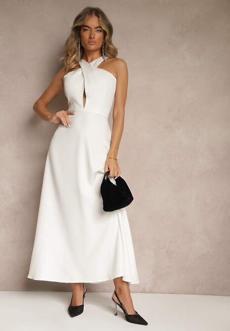 Biała Koktajlowa Sukienka z Wiskozą i Dekoltem Halter Dolmanna