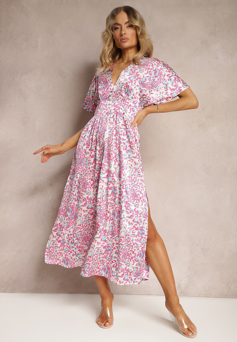 Fioletowa Sukienka o Rozkloszowanym Kroju z Ozdobnym Pasem w Talii Dovbia