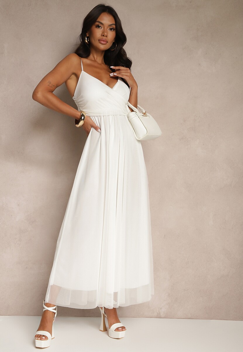 Biała Sukienka Koktajlowa Ozdobiona Tiulowym Materiałem Deviora