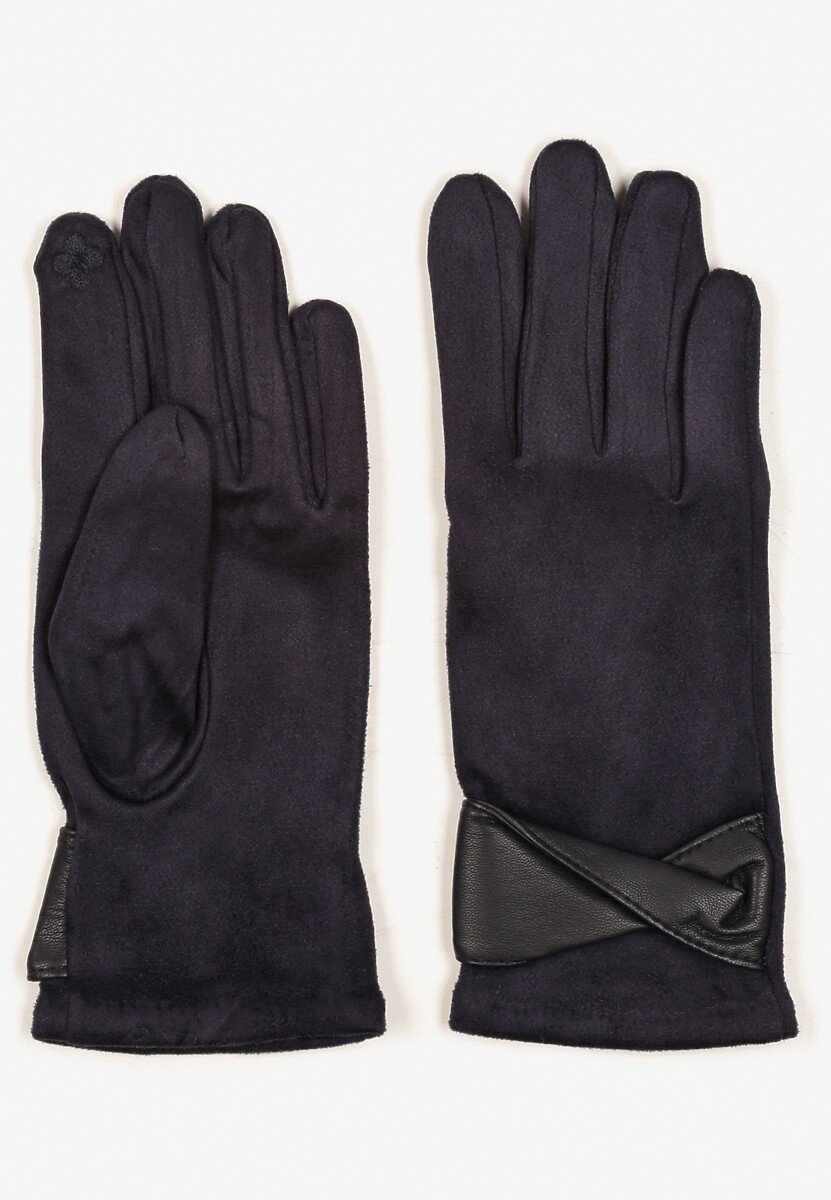 Czarne Eleganckie Rękawiczki z Bawełną i Wywiniętą Aplikacją przy Nadgarstku Sissemi