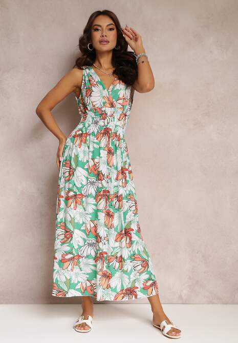 Zielona Rozkloszowana Sukienka Maxi z Gumkami w Pasie w Kwiaty Sasta
