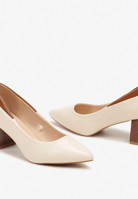 Beżowe Czółenka na Obcasie Typu Słupek z Kontrastową Wstawką Avistina