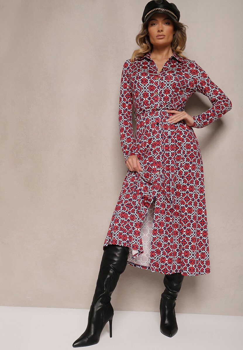 Zielona Sukienka Maxi o Taliowanym Kroju z Paskiem w Geometryczny Wzór Perani