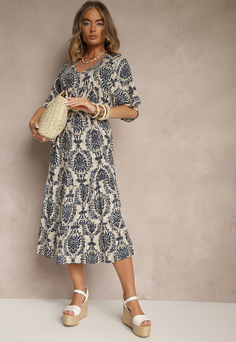 Niebieska Sukienka z Bawełną i Abstrakcyjnym Motywem Filarella