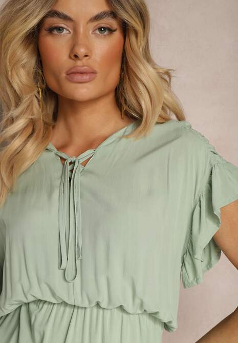 Miętowa Sukienka Wiązana Materiałowym Paskiem z Gumką w Talii i Falbanką Tiamari