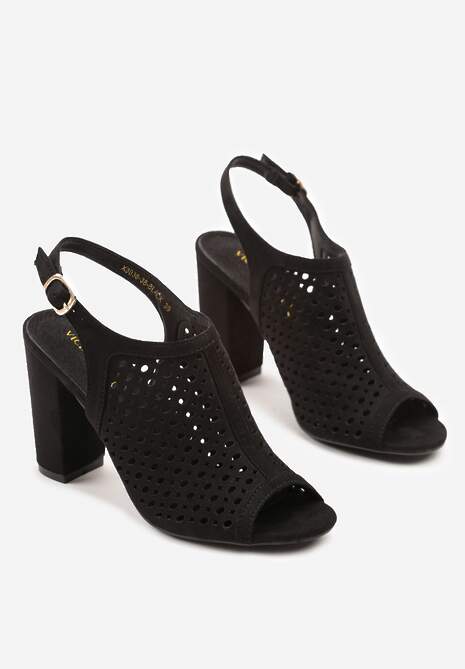 Czarne Sandały na Słupku z Ażurową Cholewką i  Skórzaną Wkładką Linalira
