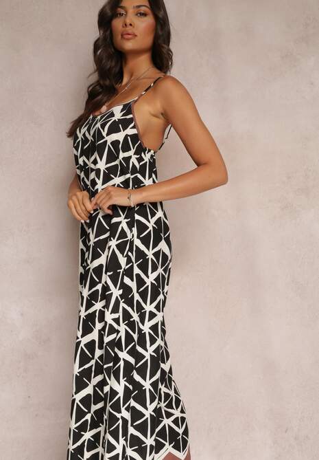 Czarny Wiskozowy Kombinezon w Geometryczne Wzory na Ramiączkach Evera