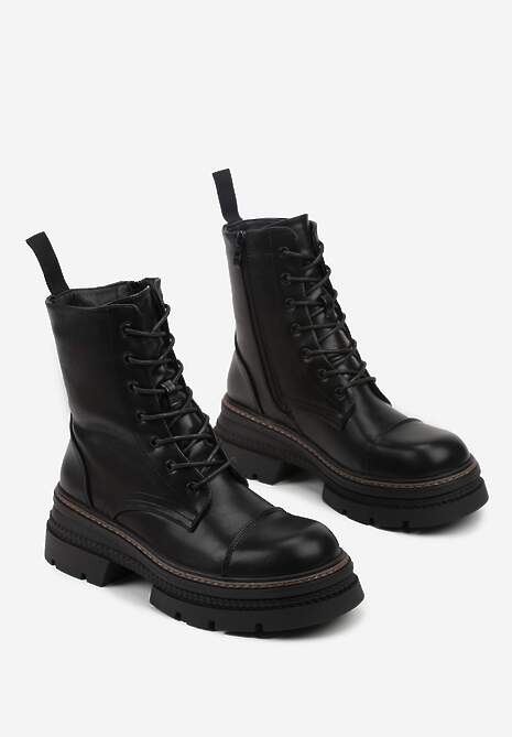 Czarne Botki Workery na Tłoczonej Podeszwie Temie