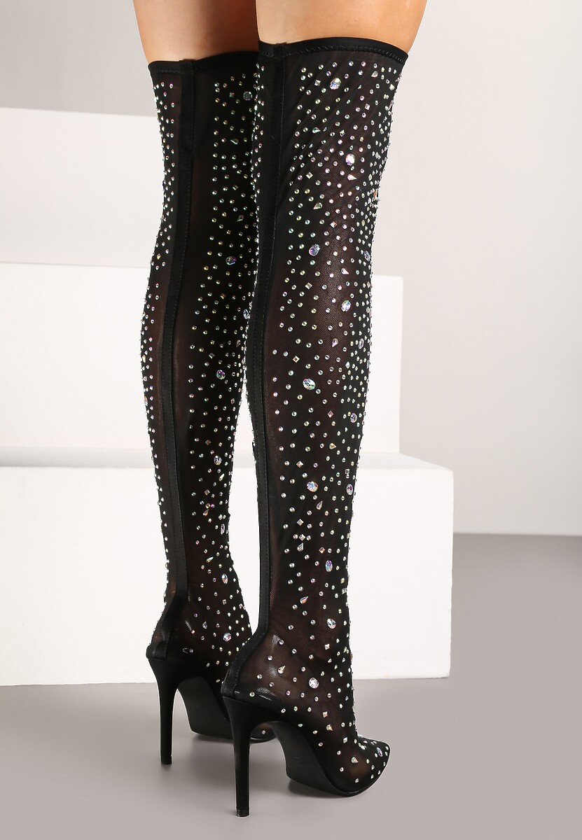 Czarne Kozaki na Szpilce za Kolano z Przezroczystą Cholewką Ozdobione Cyrkoniami Felilorn