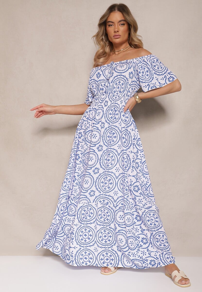 Zielono-Biała Sukienka o Rozkloszowanym Kroju z Bawełną w Abstrakcyjny Wzór Ldivena