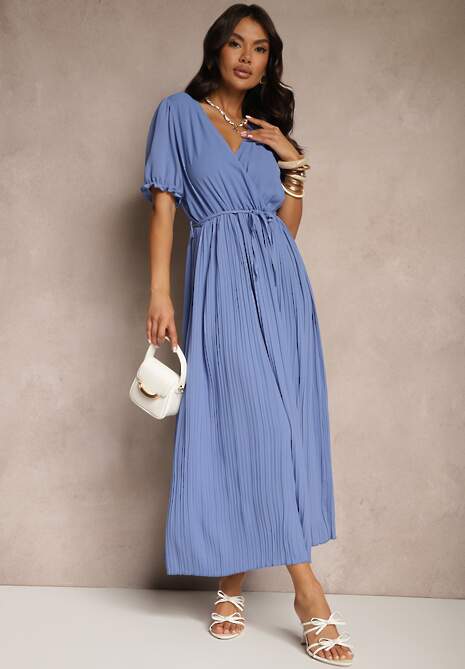 Niebieska Sukienka z Bawełną Ozdobiona Kopertowym Dekoltem i Paskiem Grellevia